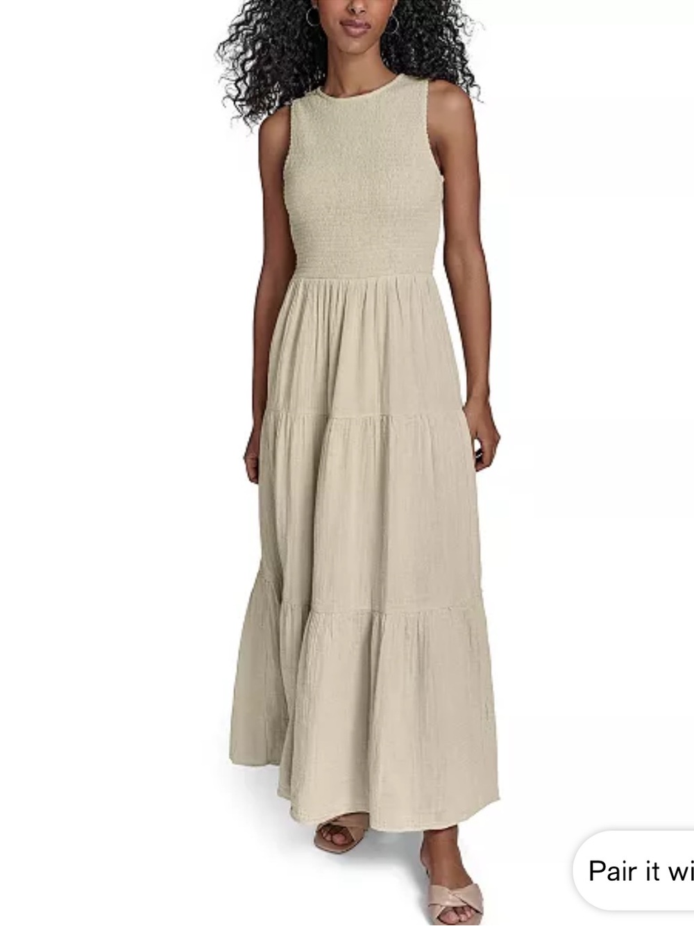 Calvin Klein Tiered Cotton Gauze Maxi Dress Tan Size 16 NWT Sleeveless Smocked